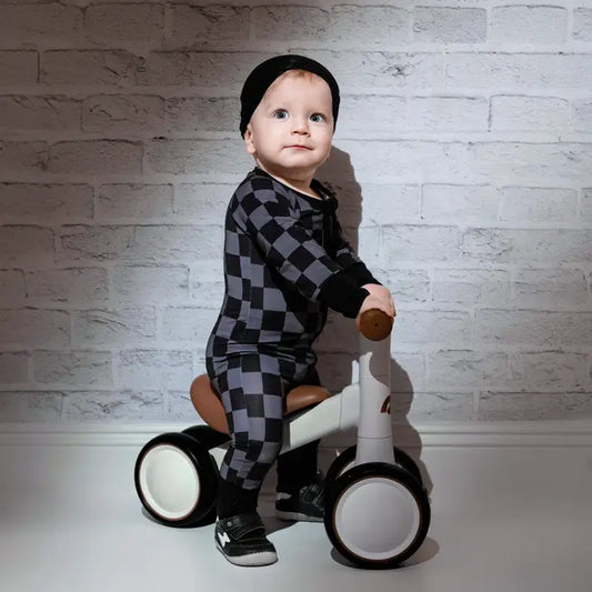 Charcoal Checkers- Long Sleeve Zipper Romper